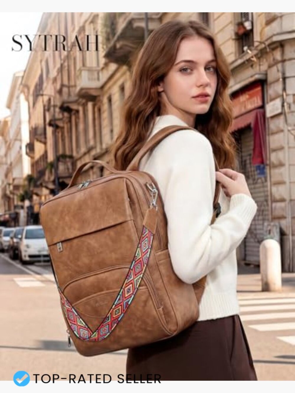 Leather Laptop Backpack 15.6 Inch Daypack with Tech Organizer Travel Work Bag - Picture 3 of 6